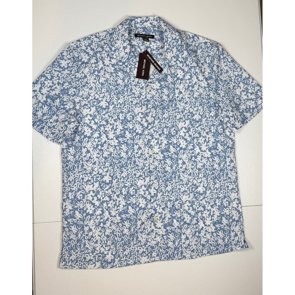New Michael Kors Mens Blue White Floral Short Sleeve Button Up Shirt Size M NWT